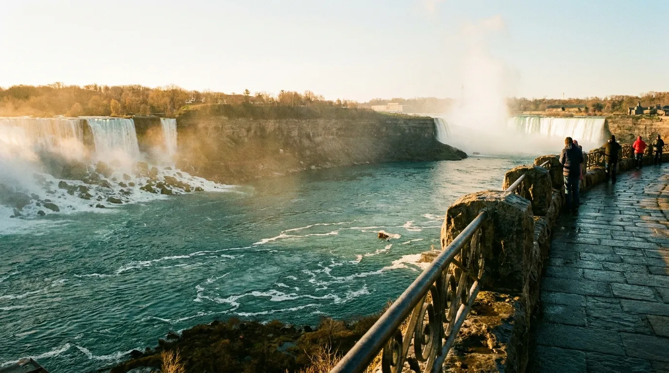Visitors walking the promenade along Niagara Falls