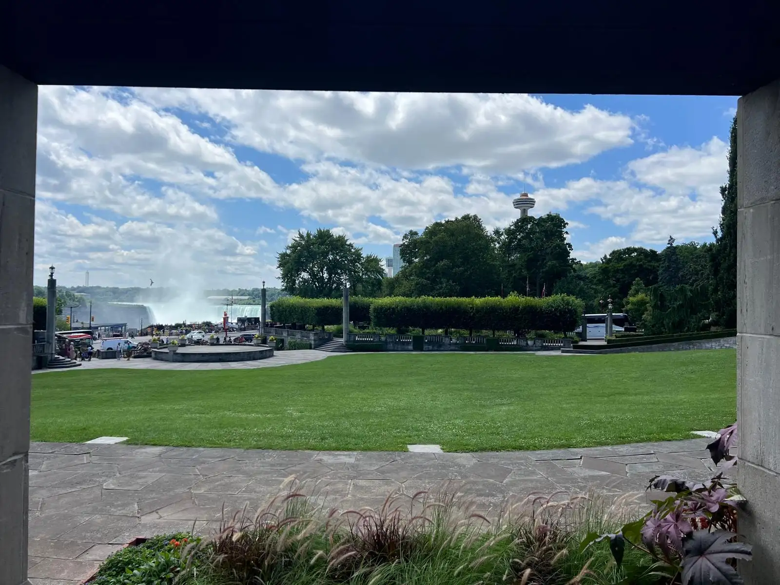 View of Niagara Falls through the Oakes Garden arches