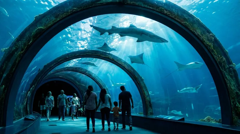 Underwater aquarium tunnel with a shark gliding overhead