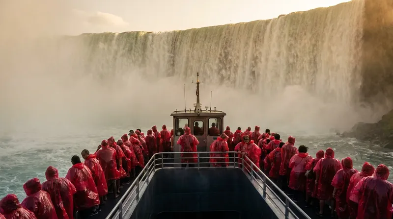 Tourists in red ponchos on boat at Niagara Falls