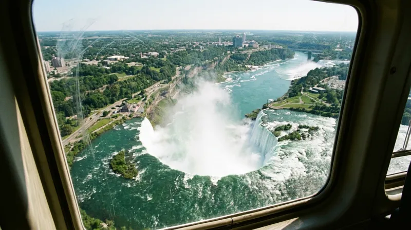 Aerial view of Niagara Falls from helicopter cockpit