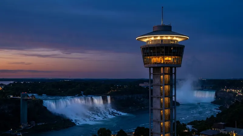 Skylon Tower Niagara lit against dark night sky