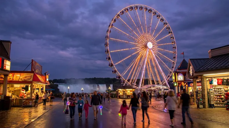 Niagara SkyWheel Ferris wheel glowing at dusk near Clifton Hill