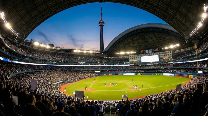 Baseball stadium under lights during an evening game