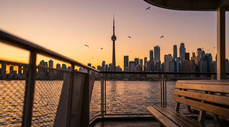 Toronto skyline seen from the Toronto Islands ferry at golden hour