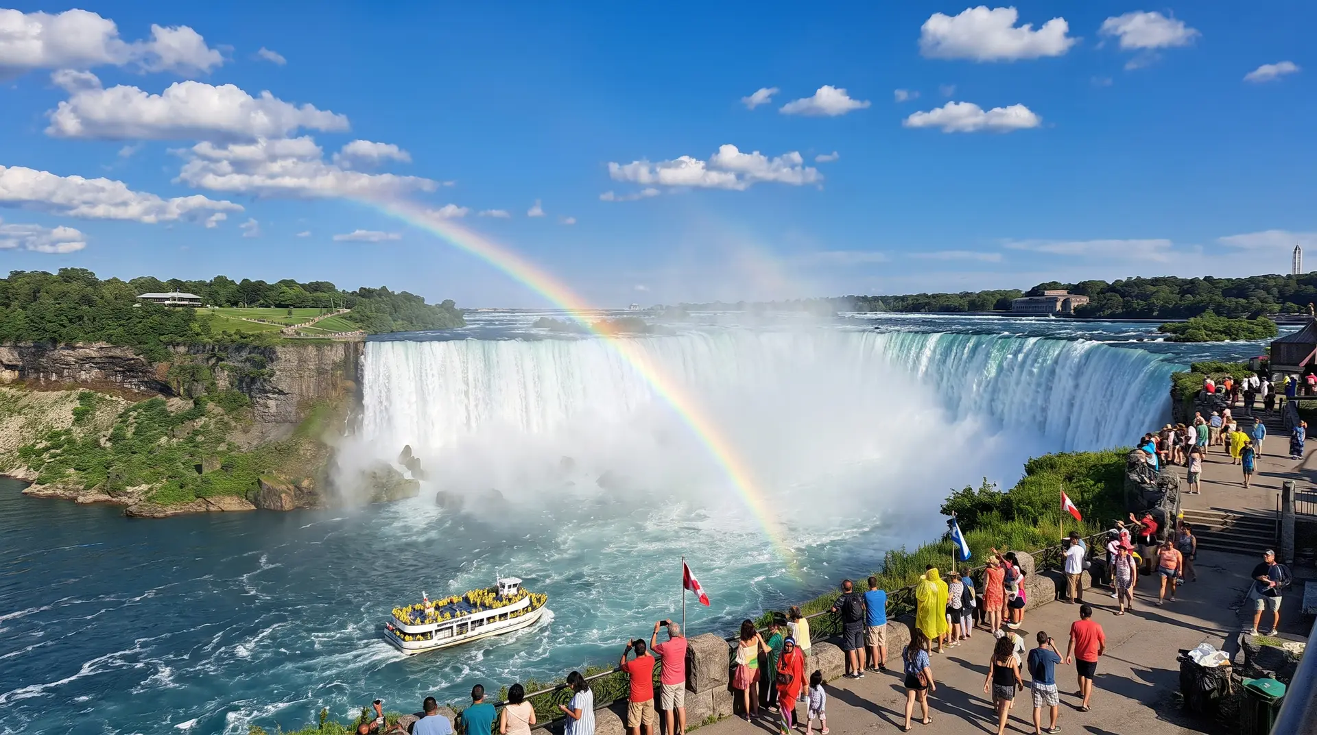 Rainbow arcing through the mist of Horseshoe Falls on a summer day
